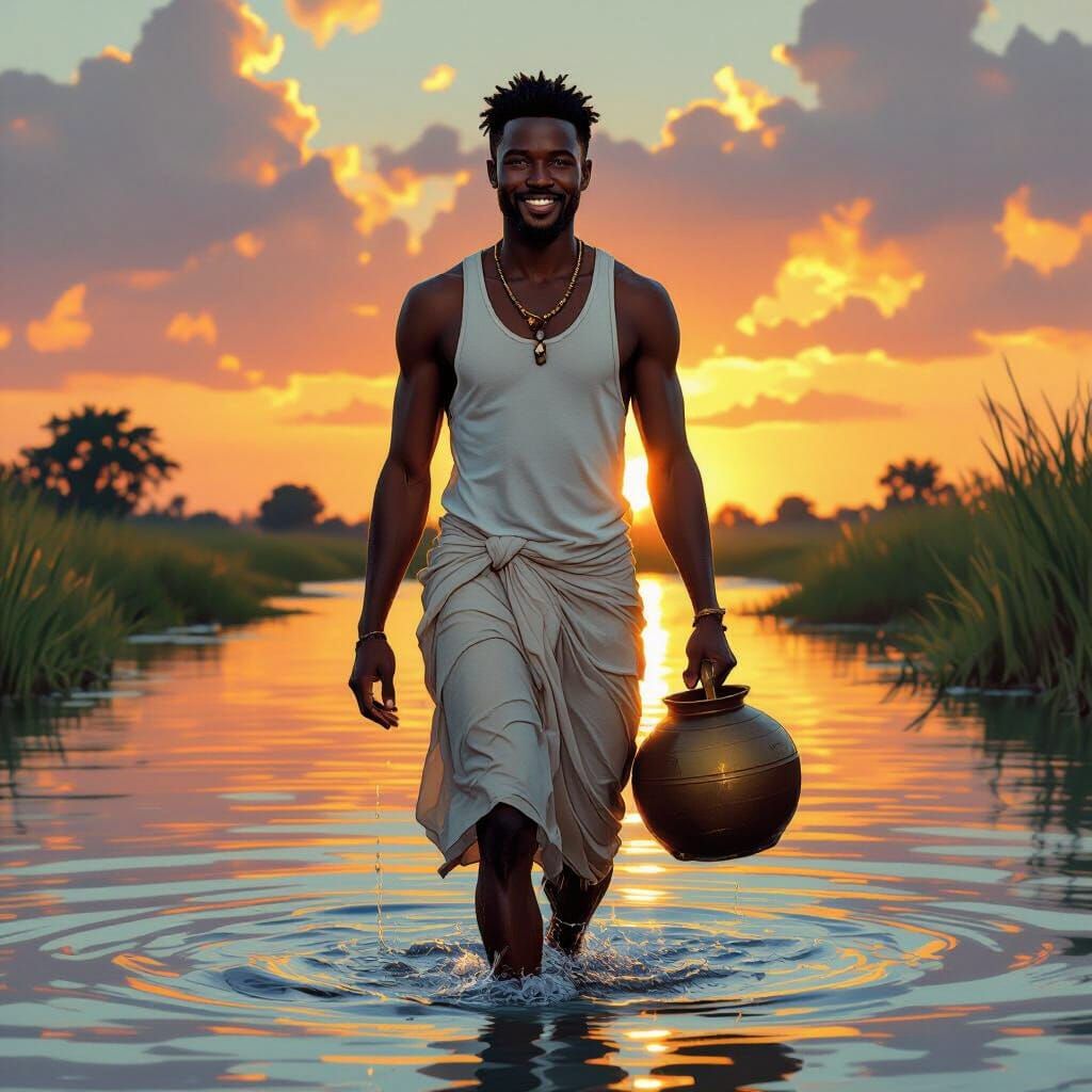 Igbo Man Carrying Water Pot at Sunset in African Folktale St...