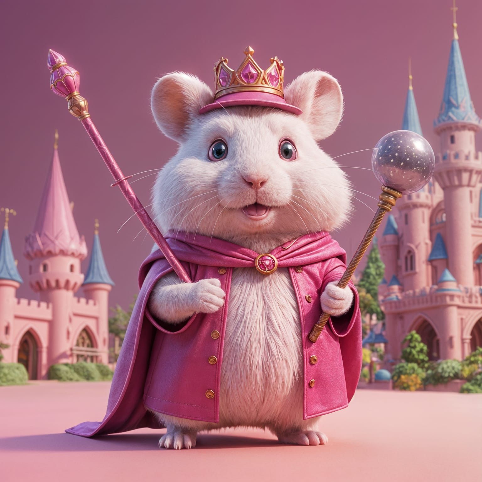 Whimsical Pink Hamster Sorcerer in Shimmering Castle