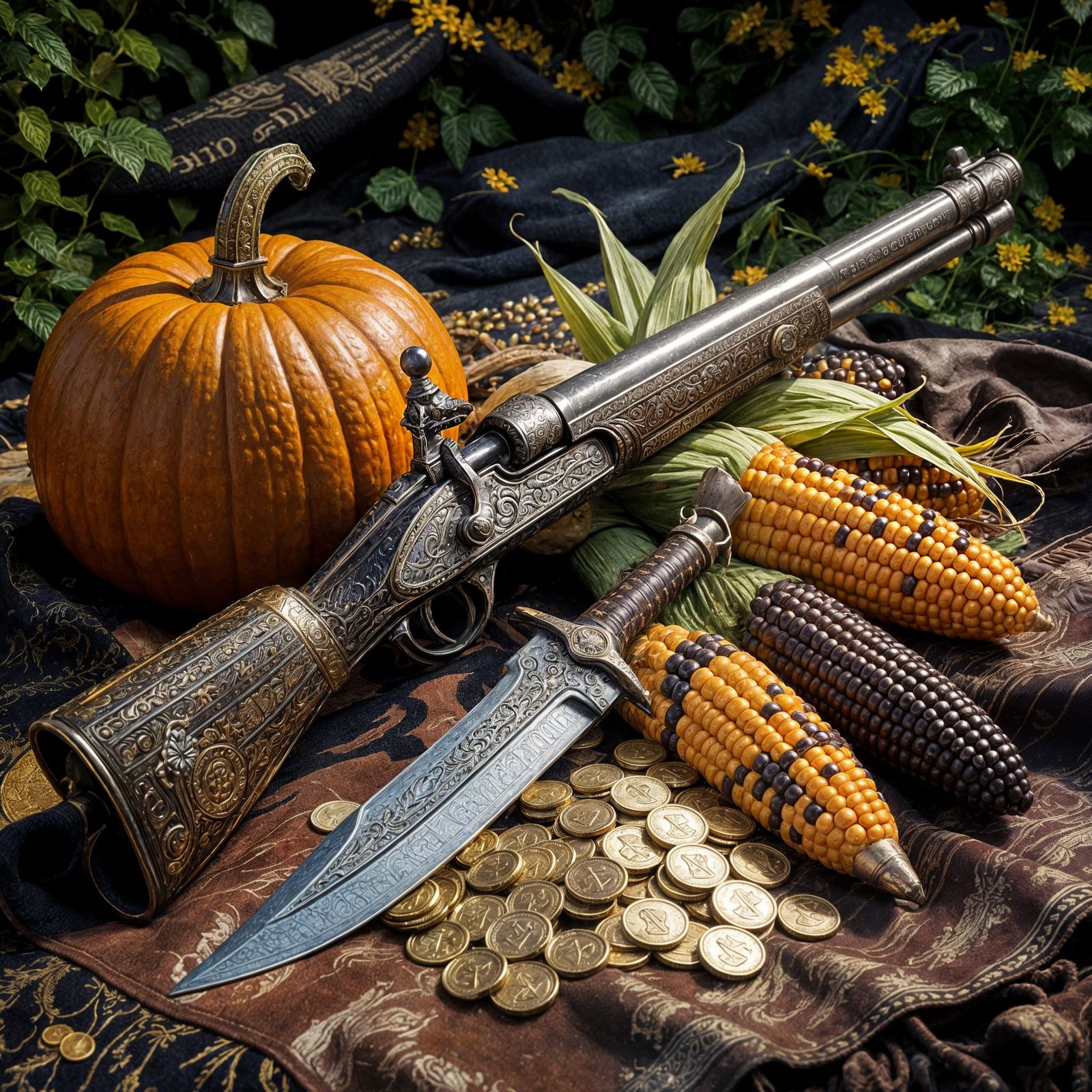Pilgrim's Bounty: Blunderbuss, Pumpkin, Dagger, and Gold