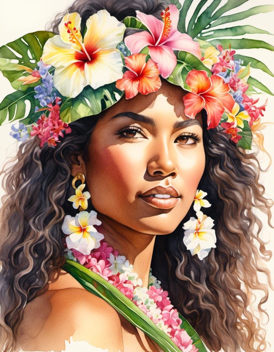 Hawaiian Woman Portrait in Watercolor Pencil Drawing