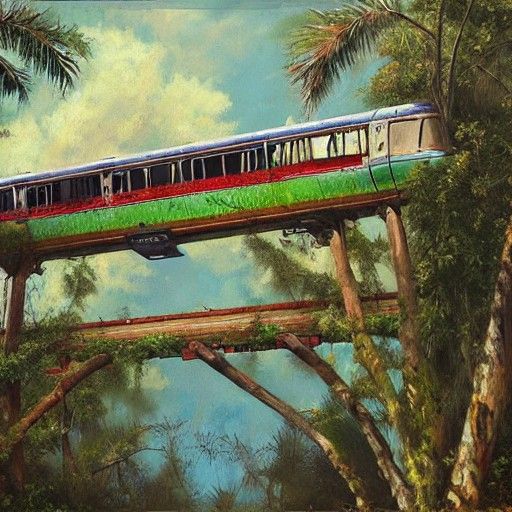 Overgrown Monorail in Realistic Painting Style