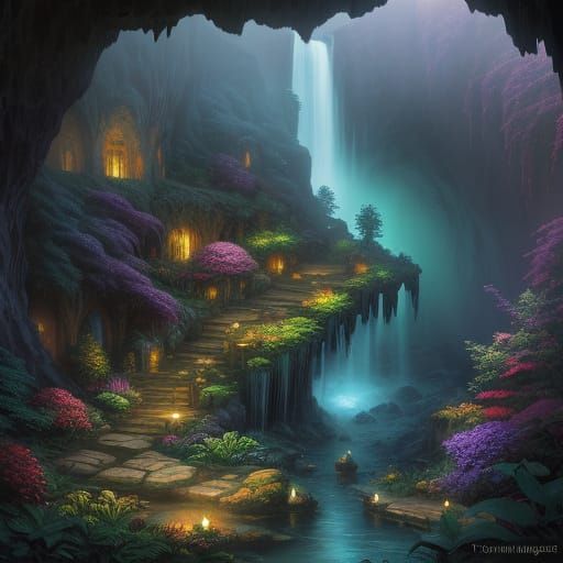 Ethereal Cave Waterfall with Bioluminescent Flora