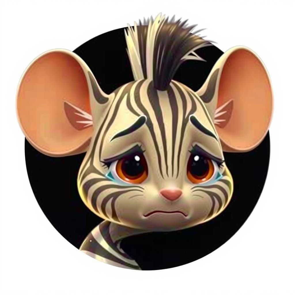 A 3d pixar style cute adorable beautiful female zebra white baby mouse, with sweet face, enormous brown eyes, giant sad ...