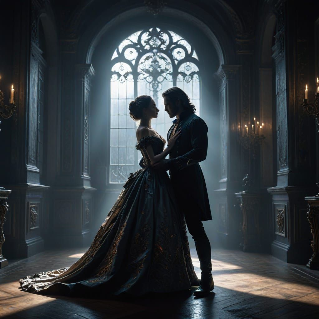 Baroque Couple Dancing in Shadowed Ballroom