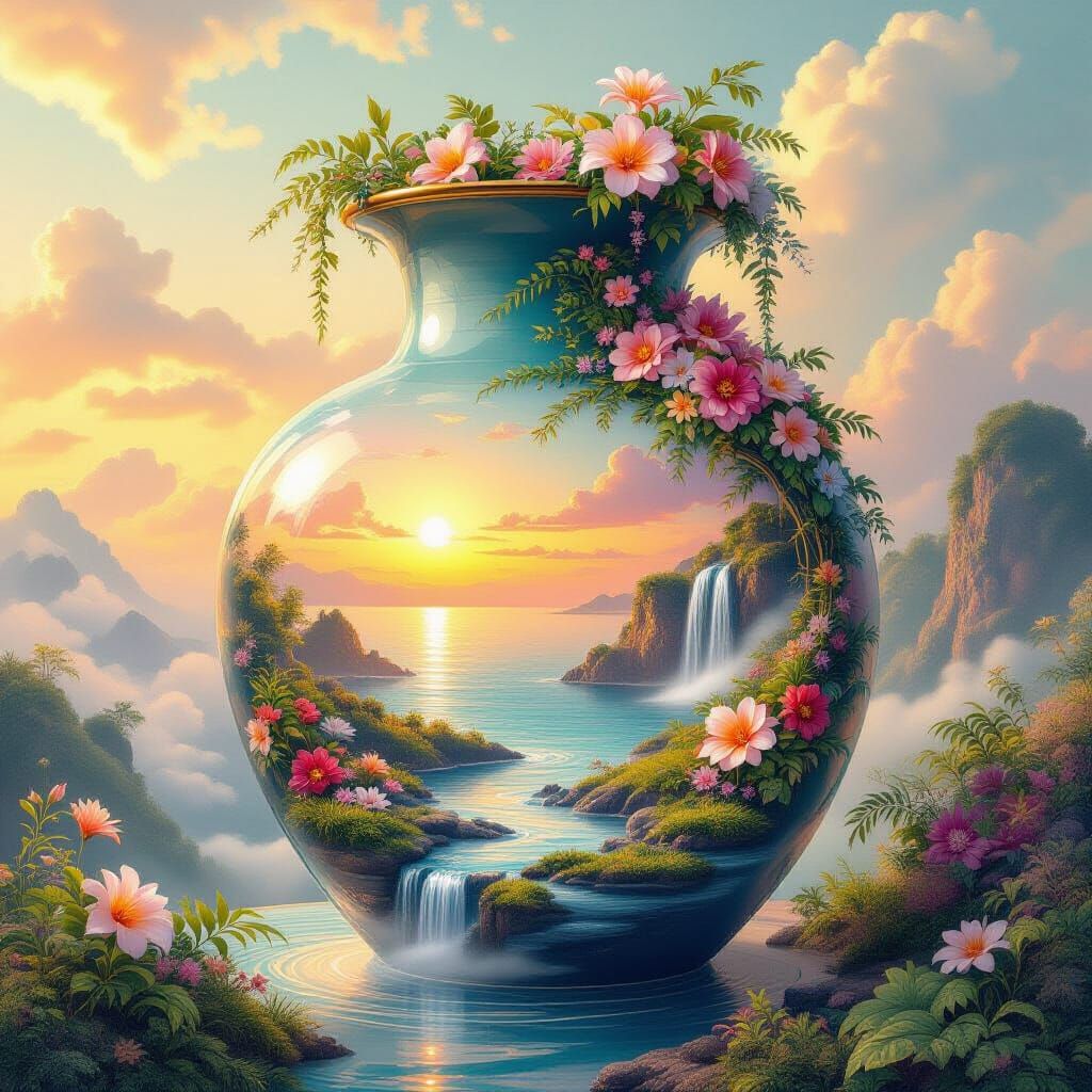 Vase Containing Sunset Coastline in Surreal Style