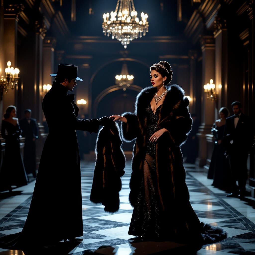 Thief Steals Mink Coat from Wealthy Lady in Film Noir Style
