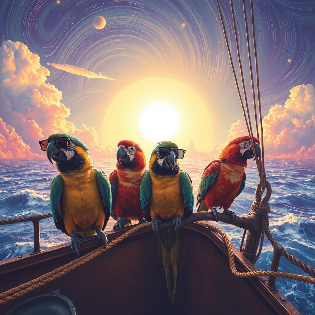 Psychedelic Tropical Parrots Sail Towards the Sun