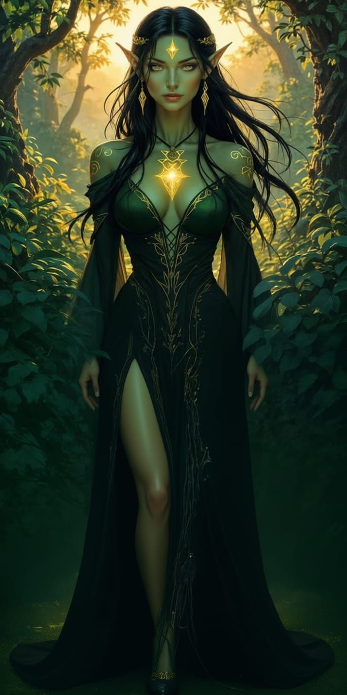 Green Skinned Elf with Golden Runes in Sunrise Forest