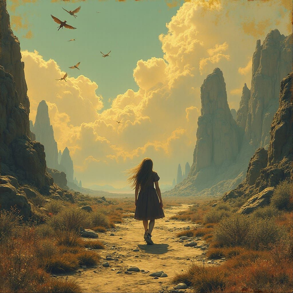 Gilded Wanderer in a Futuristic Fairytale Landscape