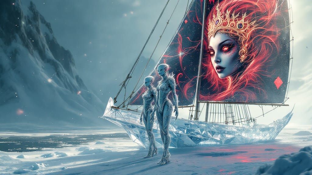 Alien Queens on Ice Ship with Playing Card Sails