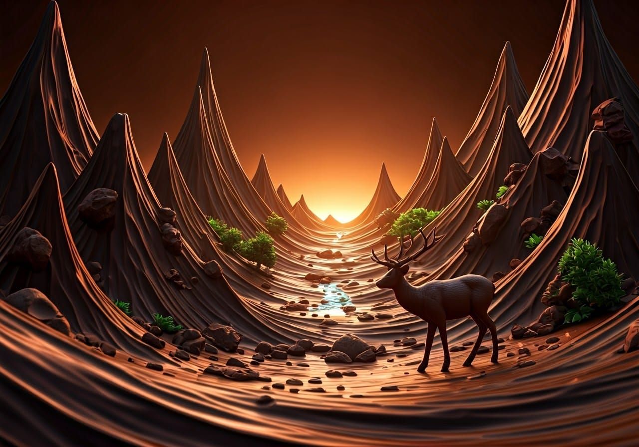 Chocolate Landscape with Deer in Photorealistic Style