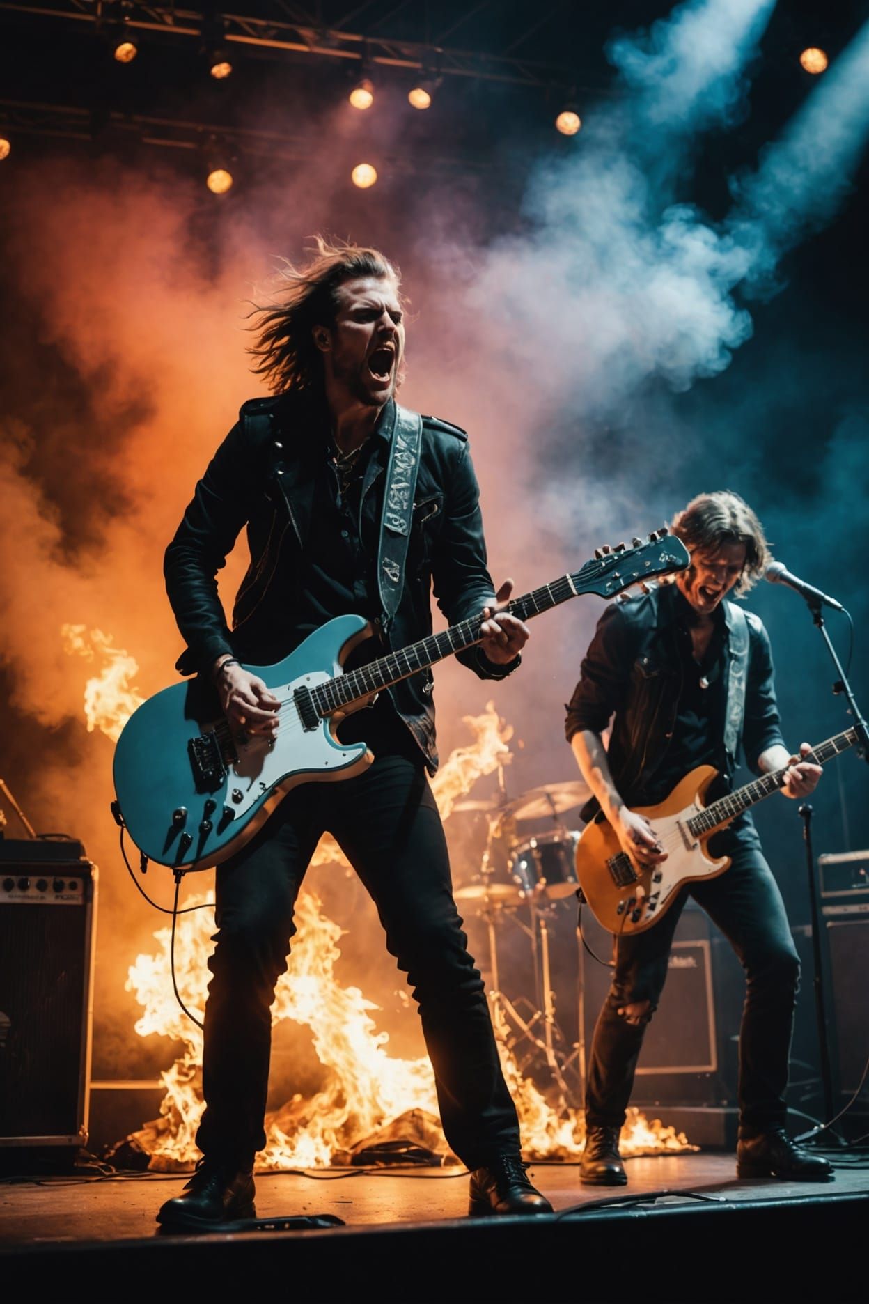 Rock Band on Stage: Smoke, Flames, and Energy