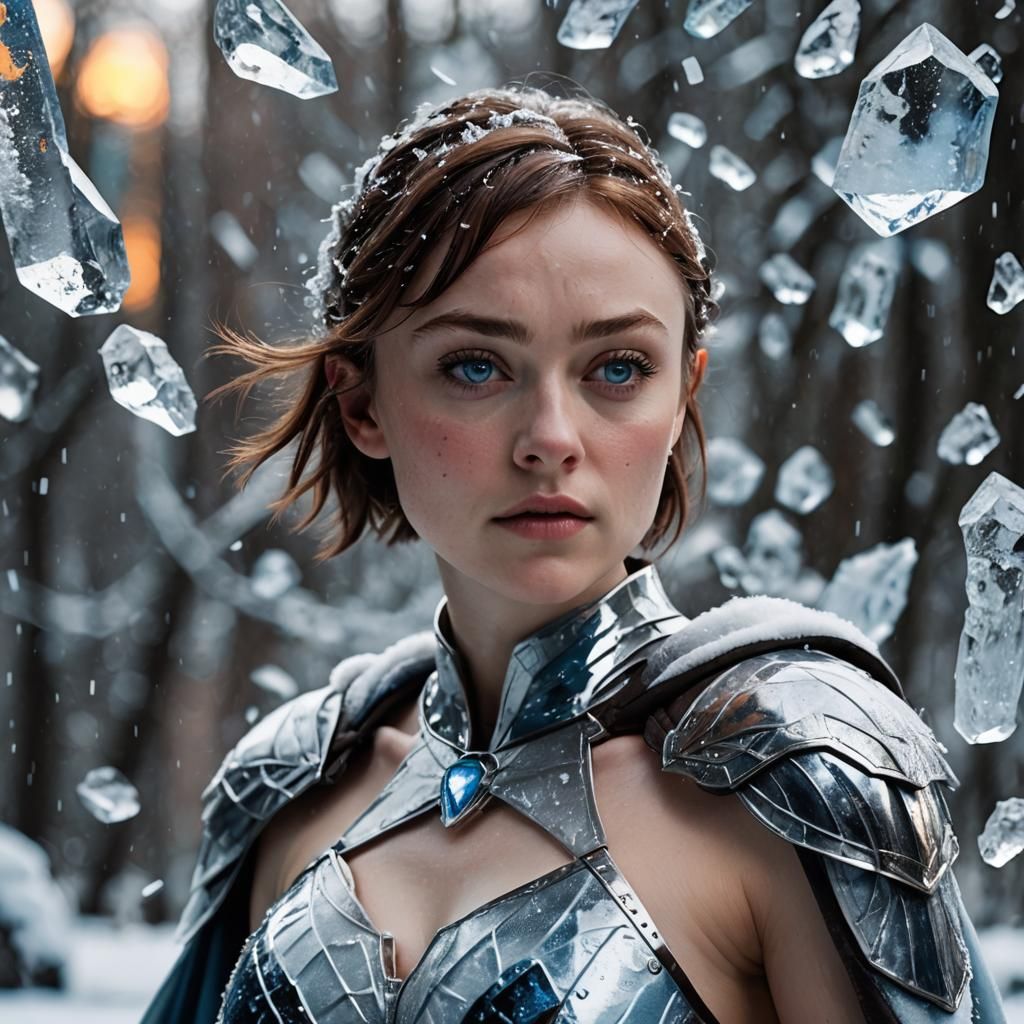 Ice-Armored Woman Superhero in Illustration Style