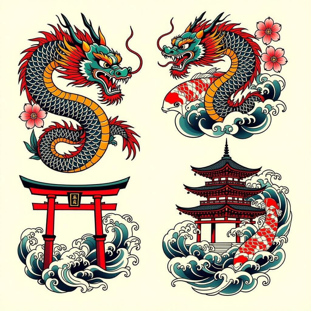 Neo-Traditional Tattoo Flash Sheet with Dragons and Koi