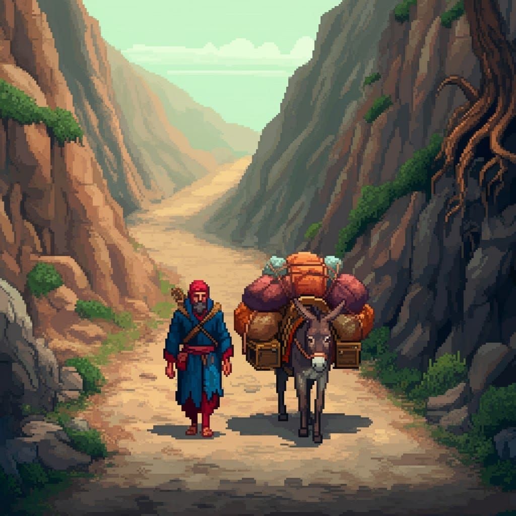 Weary Traveller and Donkey in 8-bit Pixel Art
