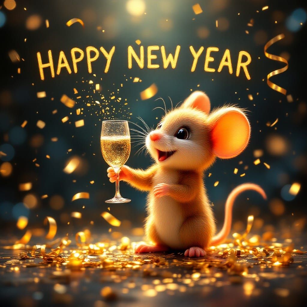 Happy little mouse,  Gold streamers,  champagne.  The words "HAPPY NEW YEAR " across the top. action painting  3DEXCITE ...