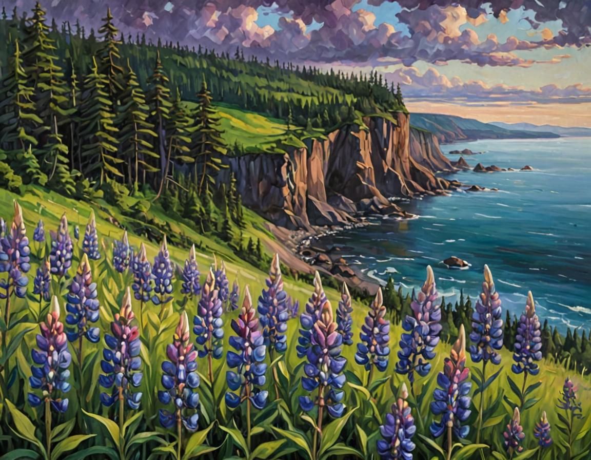 Lupine Field Oil Painting near Bay of Fundy