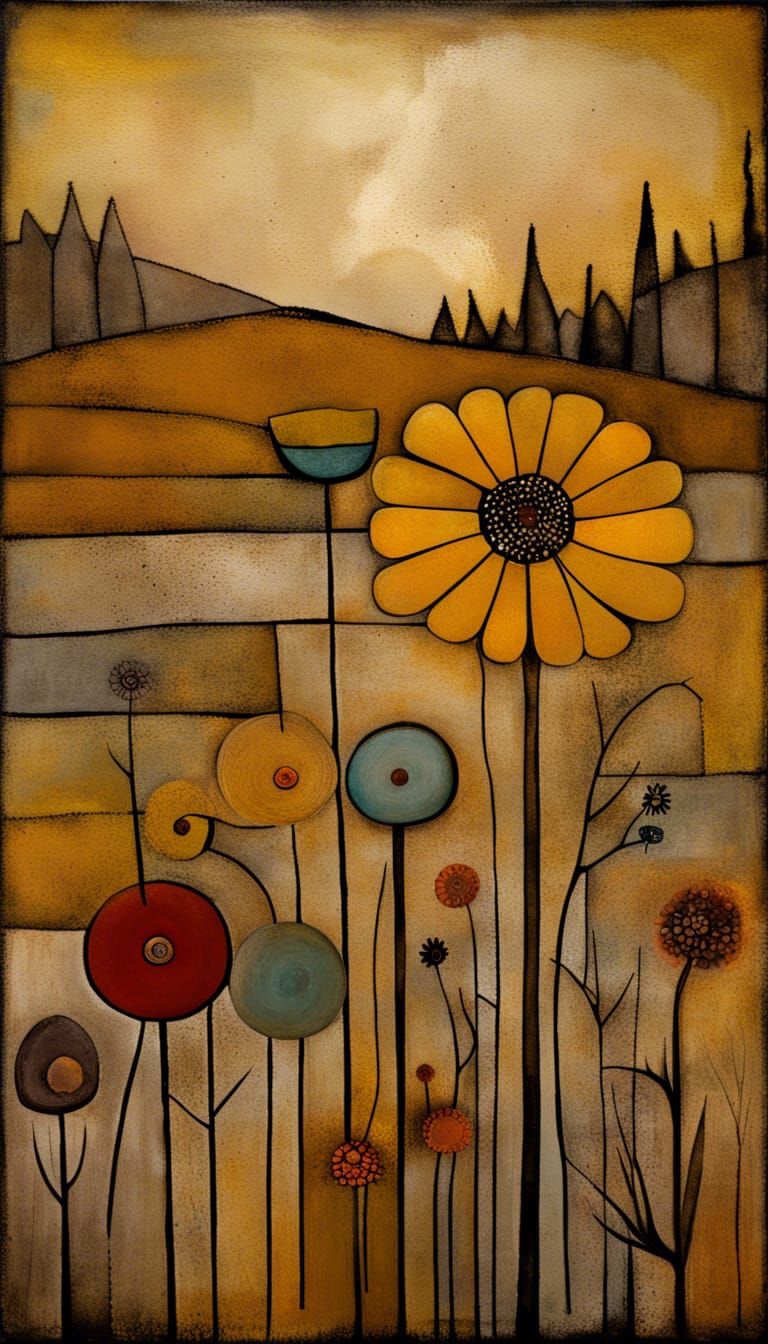 Ochre Floral Landscape in Art Brut Style