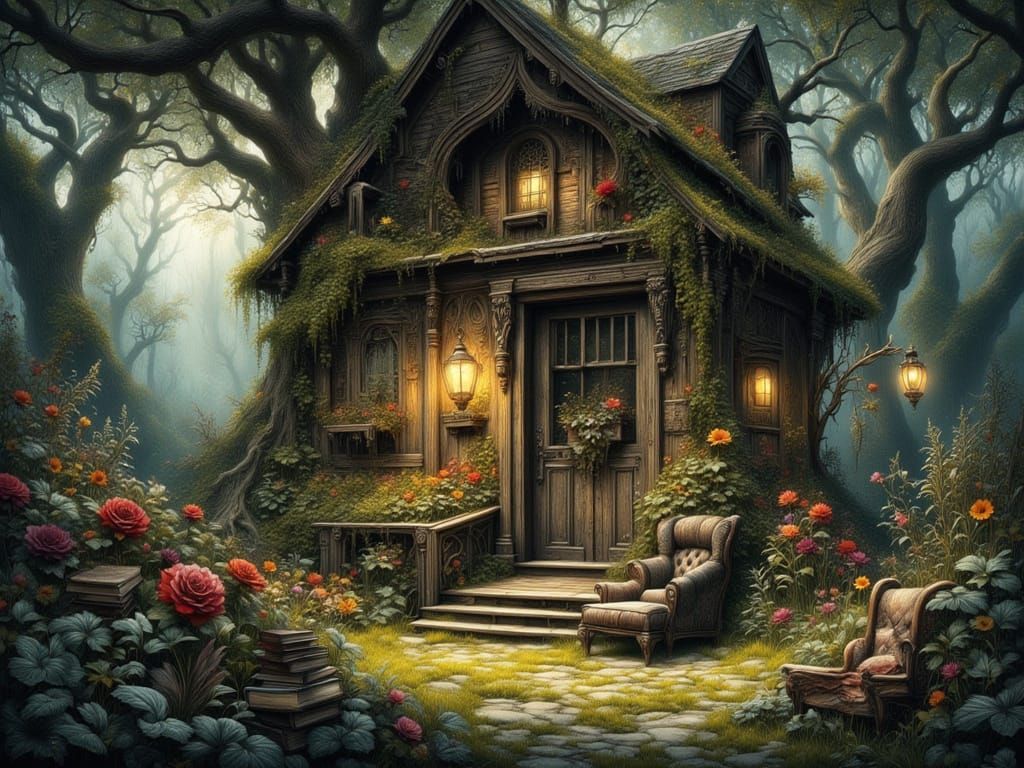 Whimsical Treehouse with Cozy Interior in Dappled Sunlight