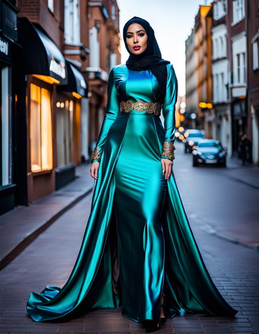 Hijabi Woman in City Street, Alcohol Ink Style