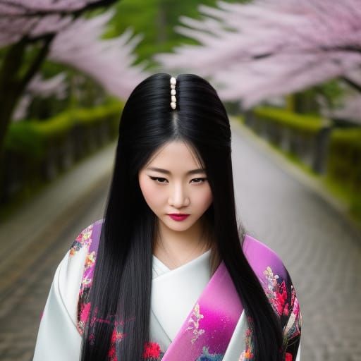 Beautiful Samurai Woman Under Cherry Blossom Trees