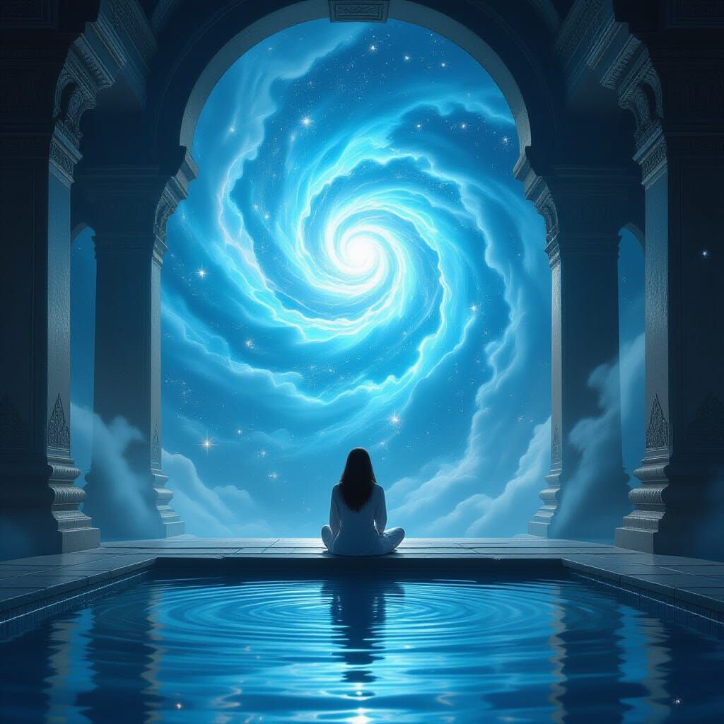 Celestial Reflection: Serene Contemplation in Ancient Temple