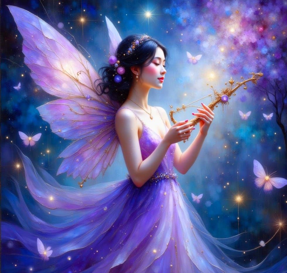 Asian Fairy Plays Luminous Lyre in Ethereal Twilight