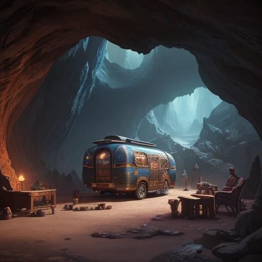 Retro Caravan in Cave: Detailed Matte Painting