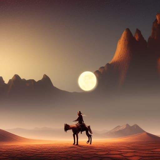 Desert Rider Under Full Moon, Detailed Matte Painting