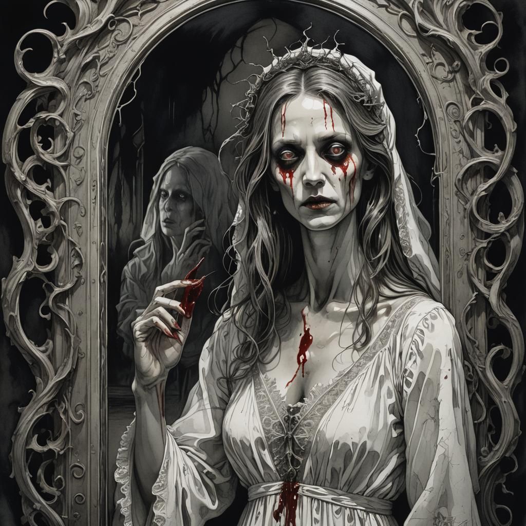 Bloody Mary Horror Scene in Ink Wash Style