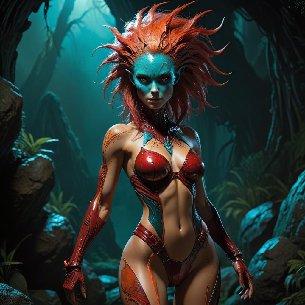 Vibrant Ruby Alien in Chiaroscuro Style