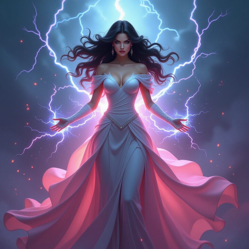 Fierce Queen with Electric Gown and Magical Lightning
