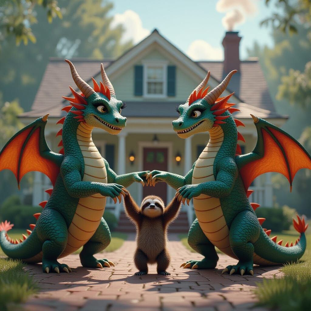 Dragons and Sloth Dancing in Circle Before House