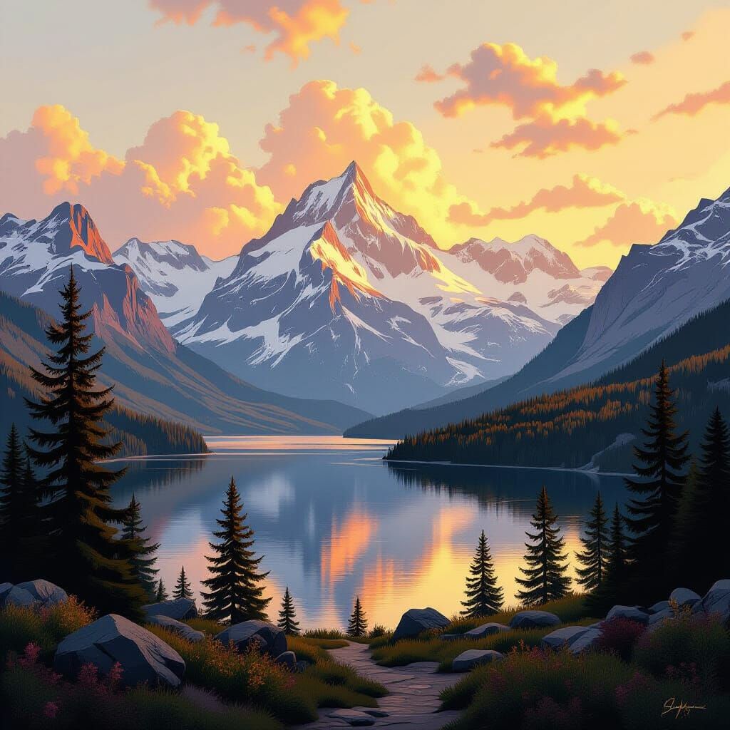 Majestic Idaho Mountain Landscape in Bierstadt Style