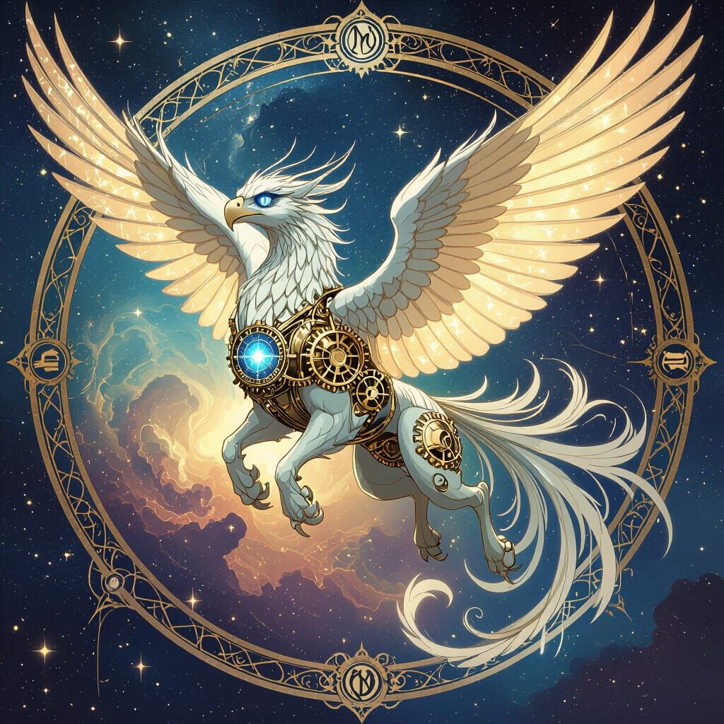 Clockwork Griffin Soaring Through Nebula