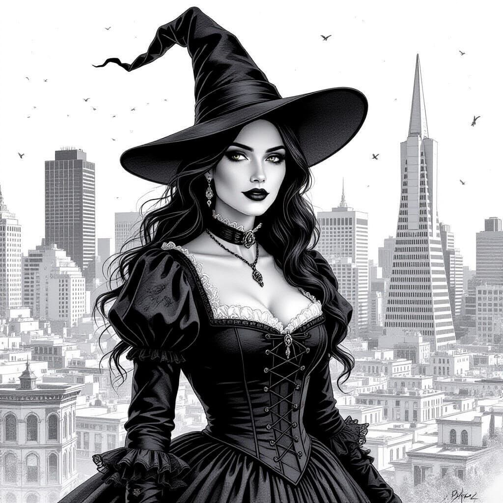 Victorian Witch in San Francisco Skyline, Pencil Drawing