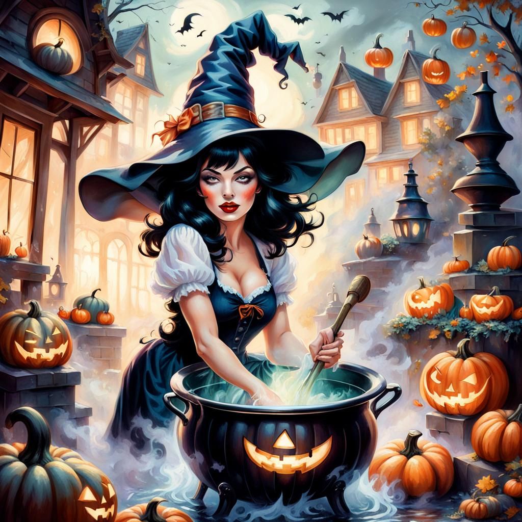 Pinup Witch in Cauldron with Pumpkins, Fantasy Art