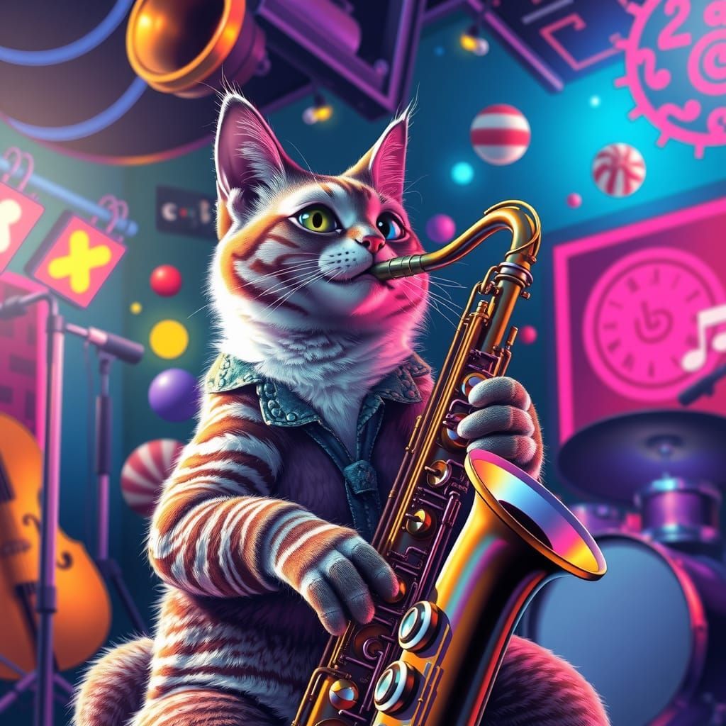 Psychedelic Cat Saxophonist in Candy Art Style