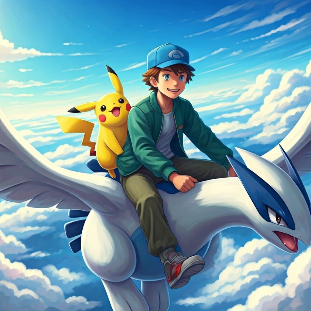 Pokémon Trainer and Pikachu Ride Lugia