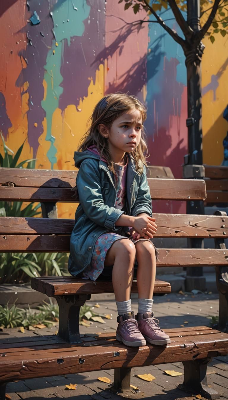 Sad Girl on Bench: Hyperrealistic Concept Art