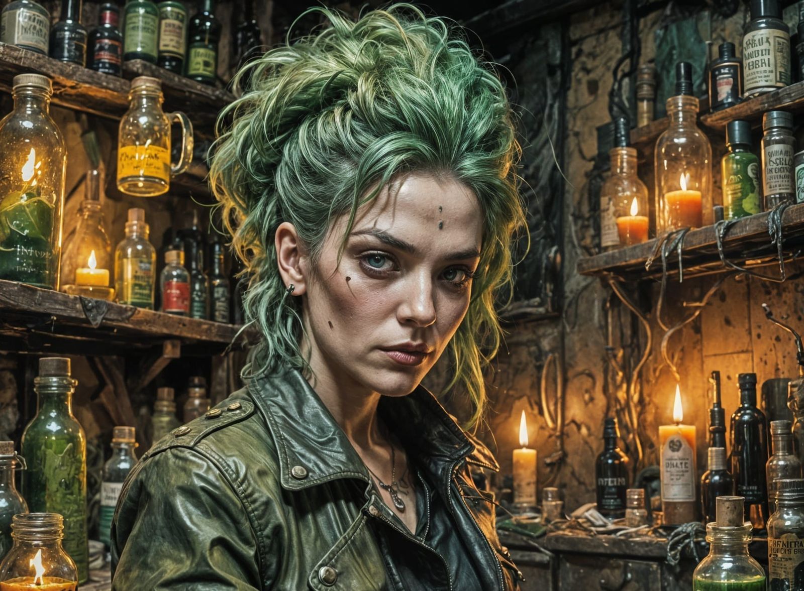 Green-Haired Punk Witch in Impasto Oil Style