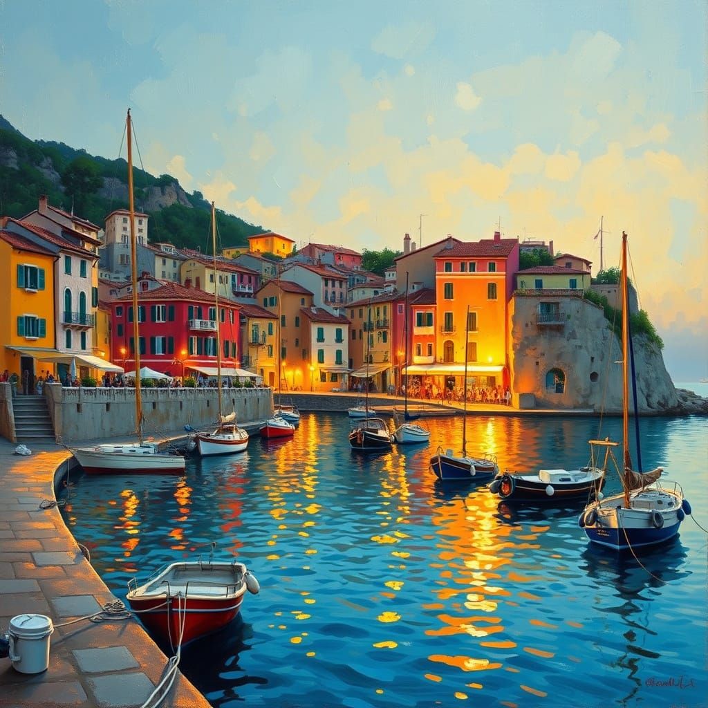 Italian Coastal Village at Twilight, Oil Painting