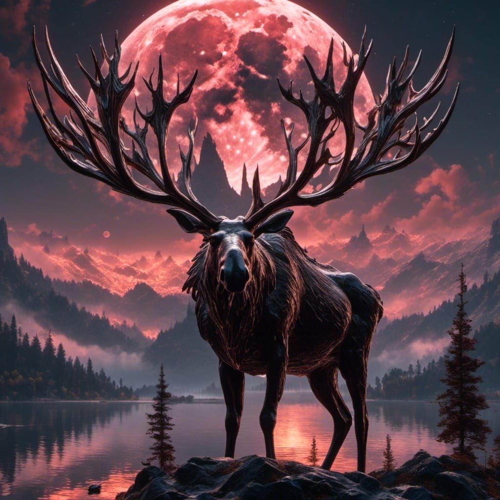 Majestic Moose Overlooking Lake Under Red Moon