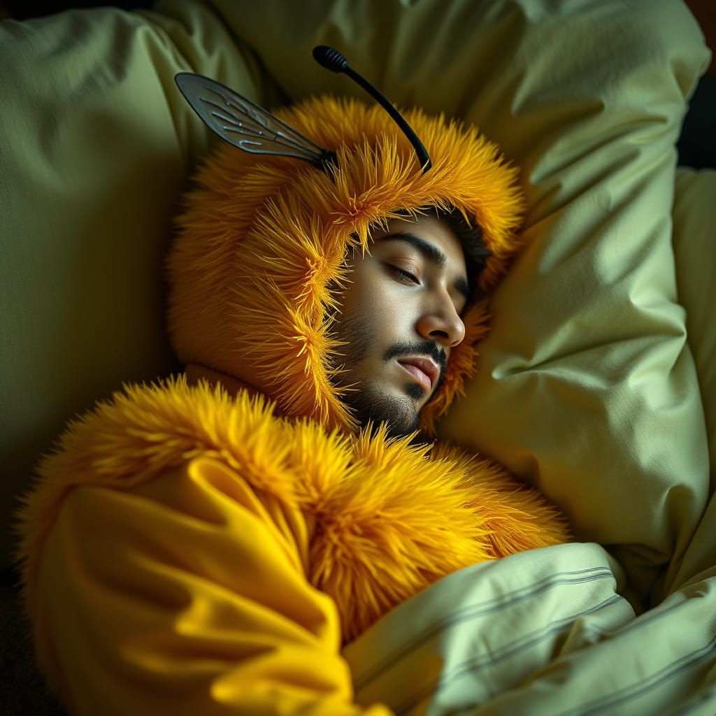 Man in Bumblebee Costume Asleep