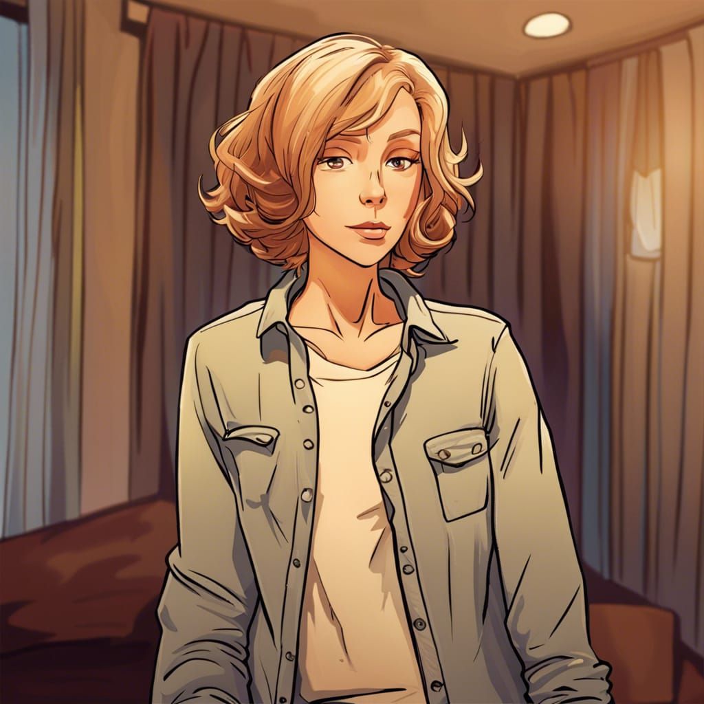 Androgynous Figure in Bedroom, Comic Book Illustration