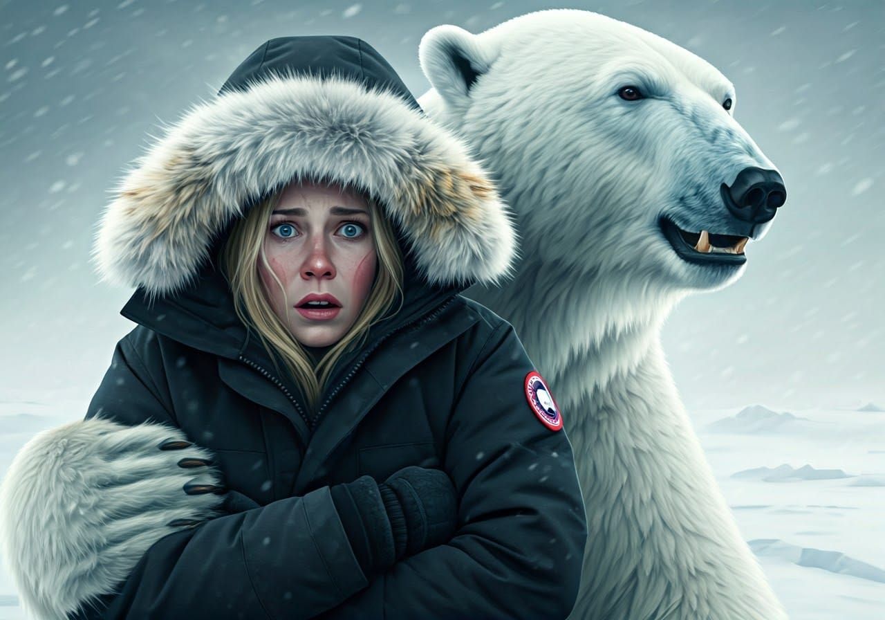 Frightened Woman in Arctic Snowstorm Confronted by Polar Bea...