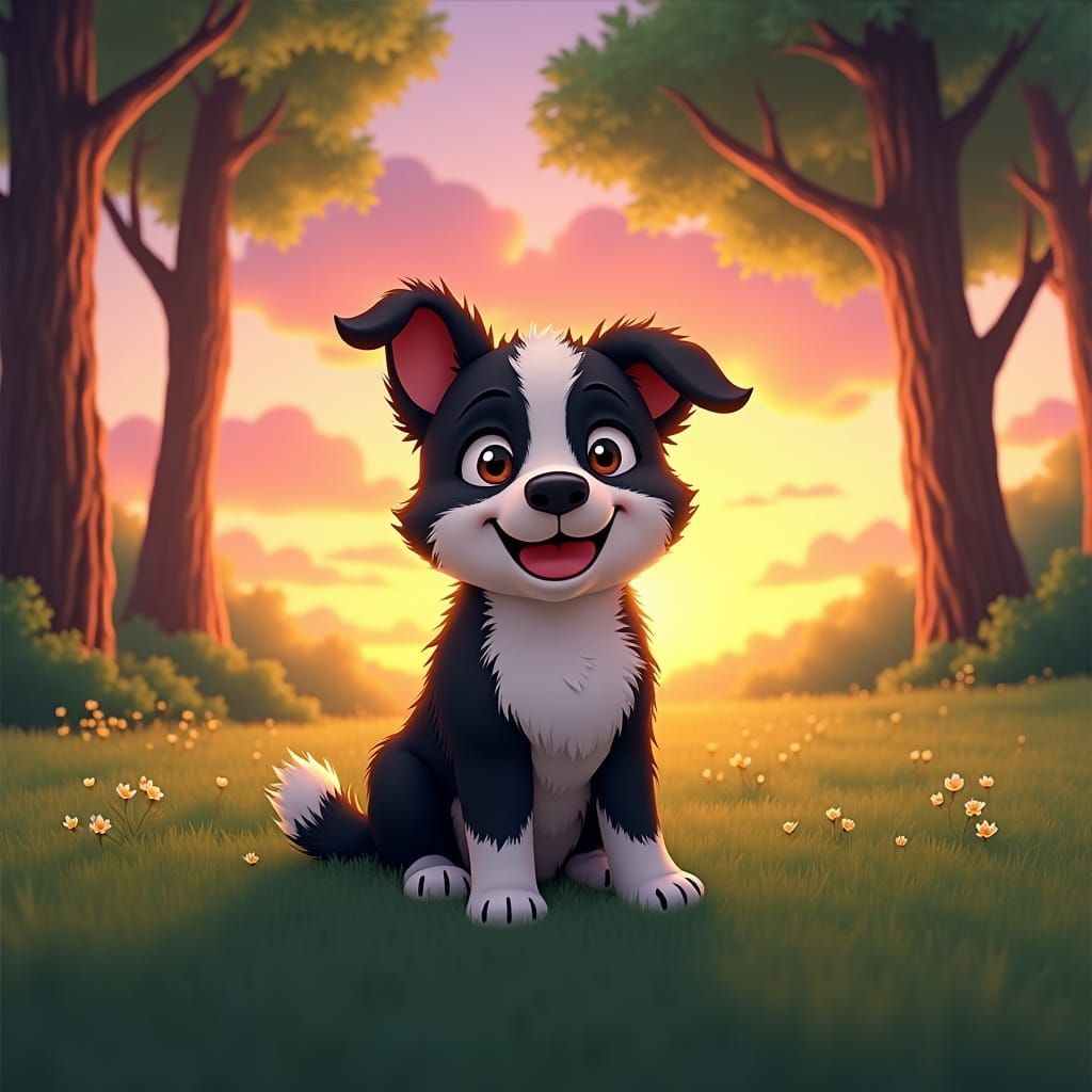 Border Collie Puppy in Sunset, 3D Anime Art
