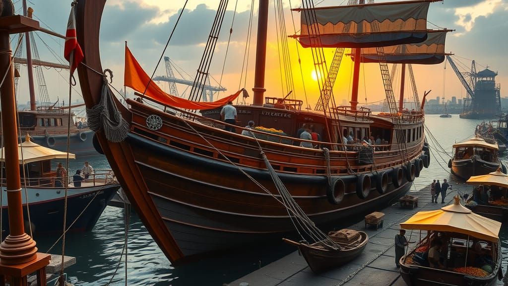 Majestic Kapal Keris Cargo Ship in Ancient Nusantara Port