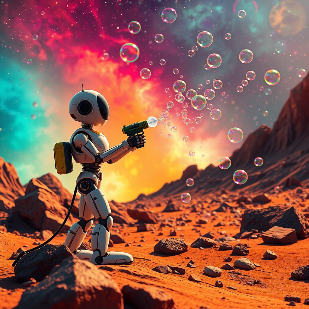 Robot on Alien Planet with Bubble Gun