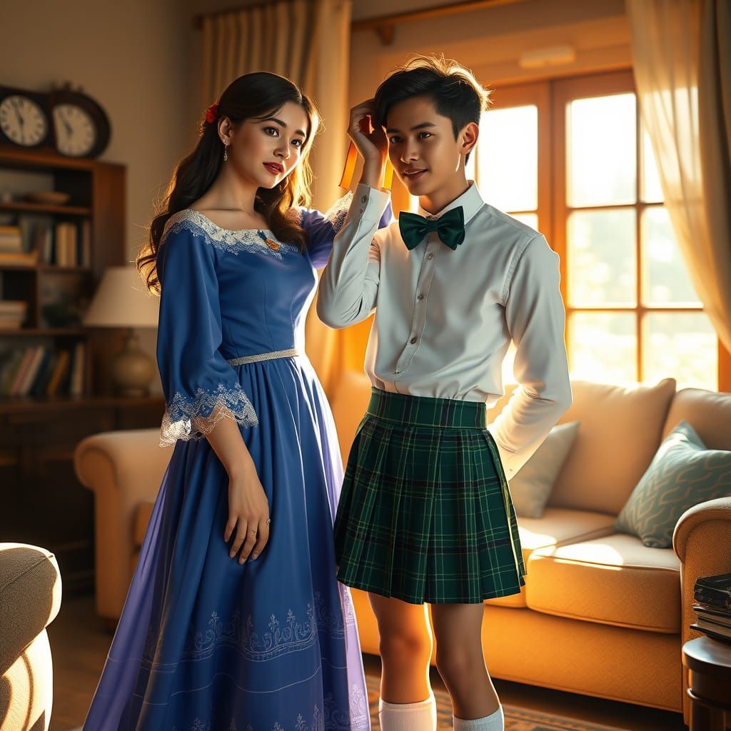 Intimate Schoolgirl-Inspired Portrait with Cobalt Blue Dress